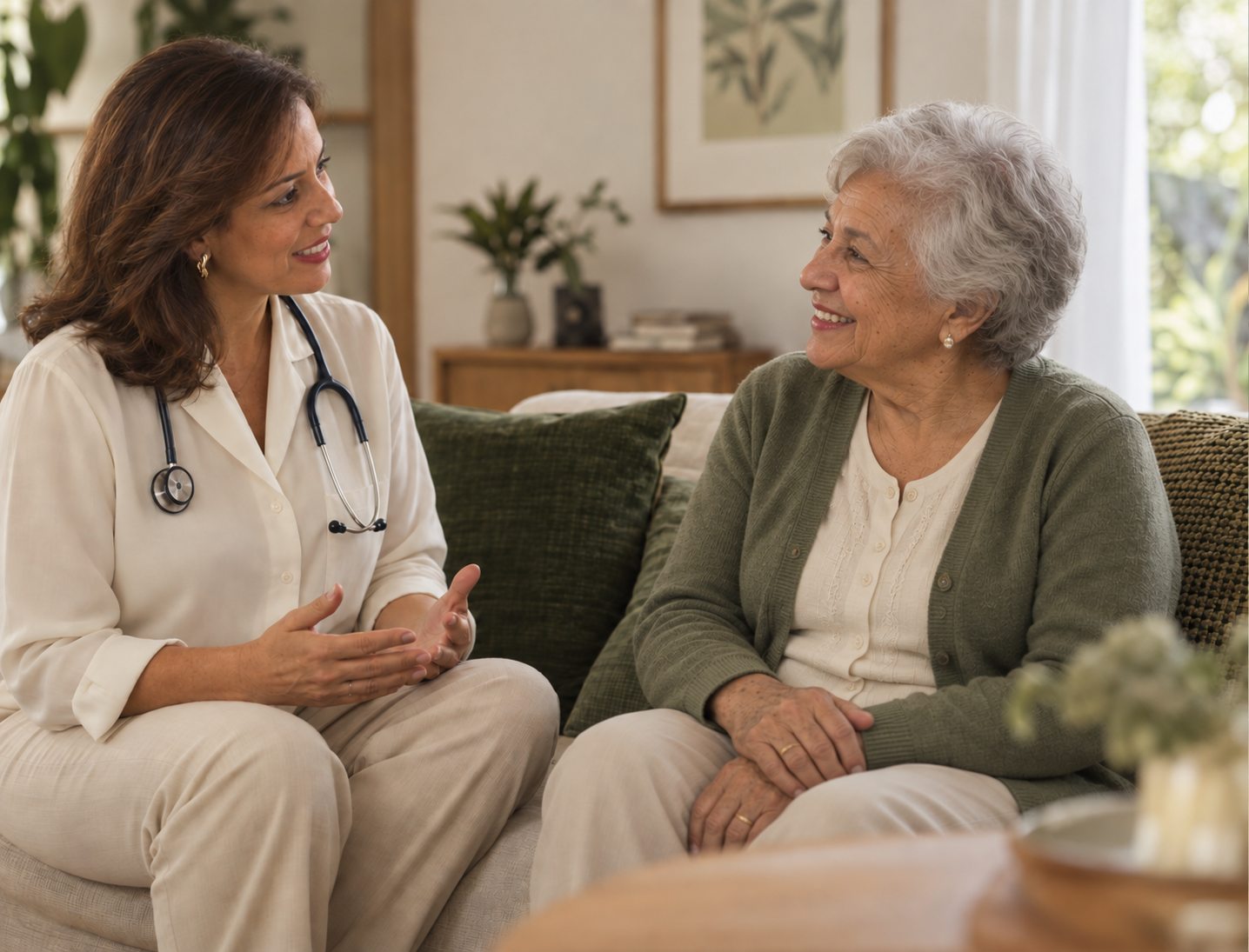 Cena ilustrativa da Dra. Patrícia conversando com uma senhora em casa